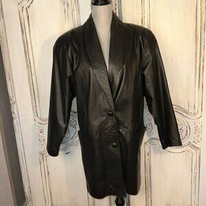 VINTAGE COMINT  Black Leather Mid Length Jacket Goth Biker Y2K 80’s Minimalist